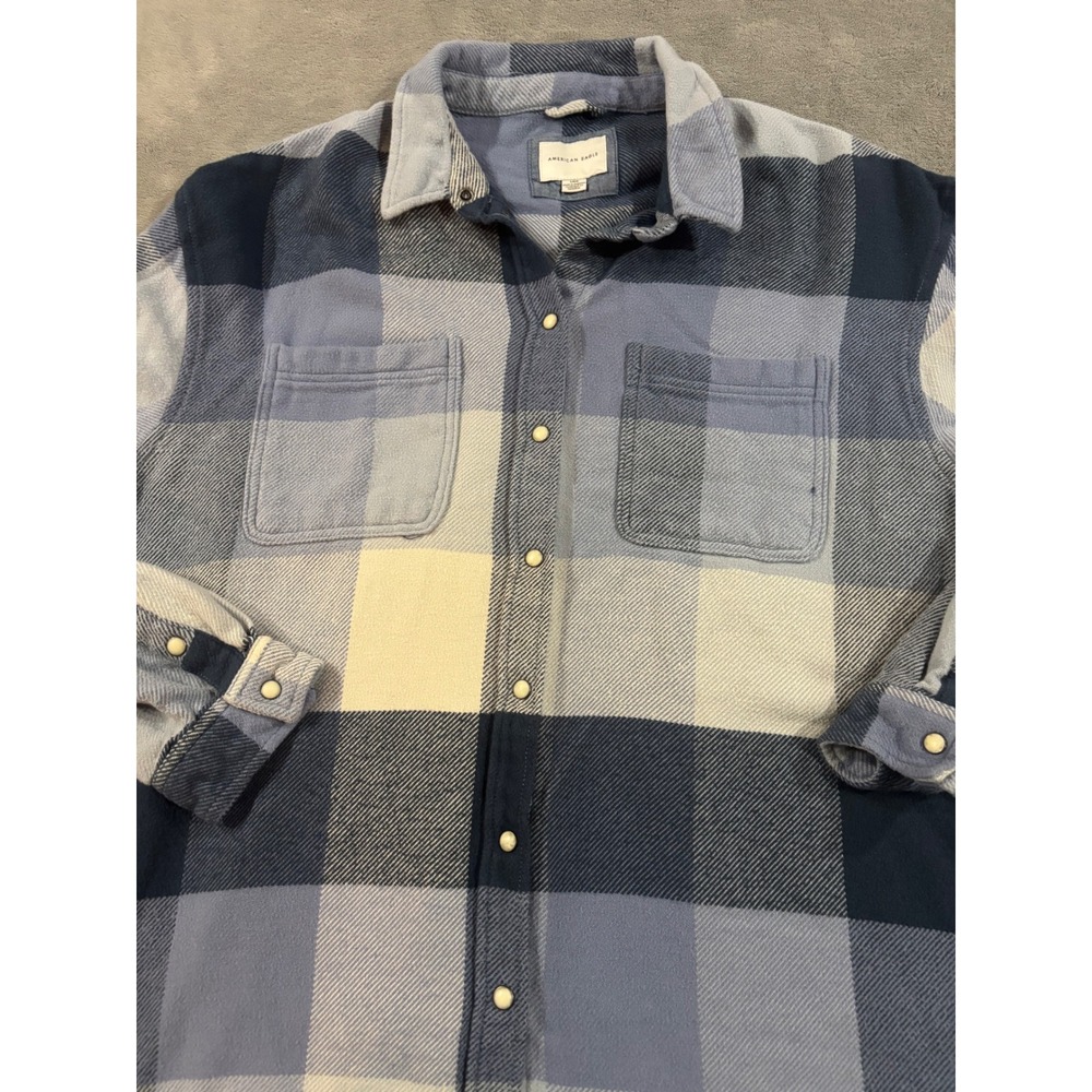 American Eagle Blue Plaid Flannel Button Down Shirt Large Oversized Cotton Snap